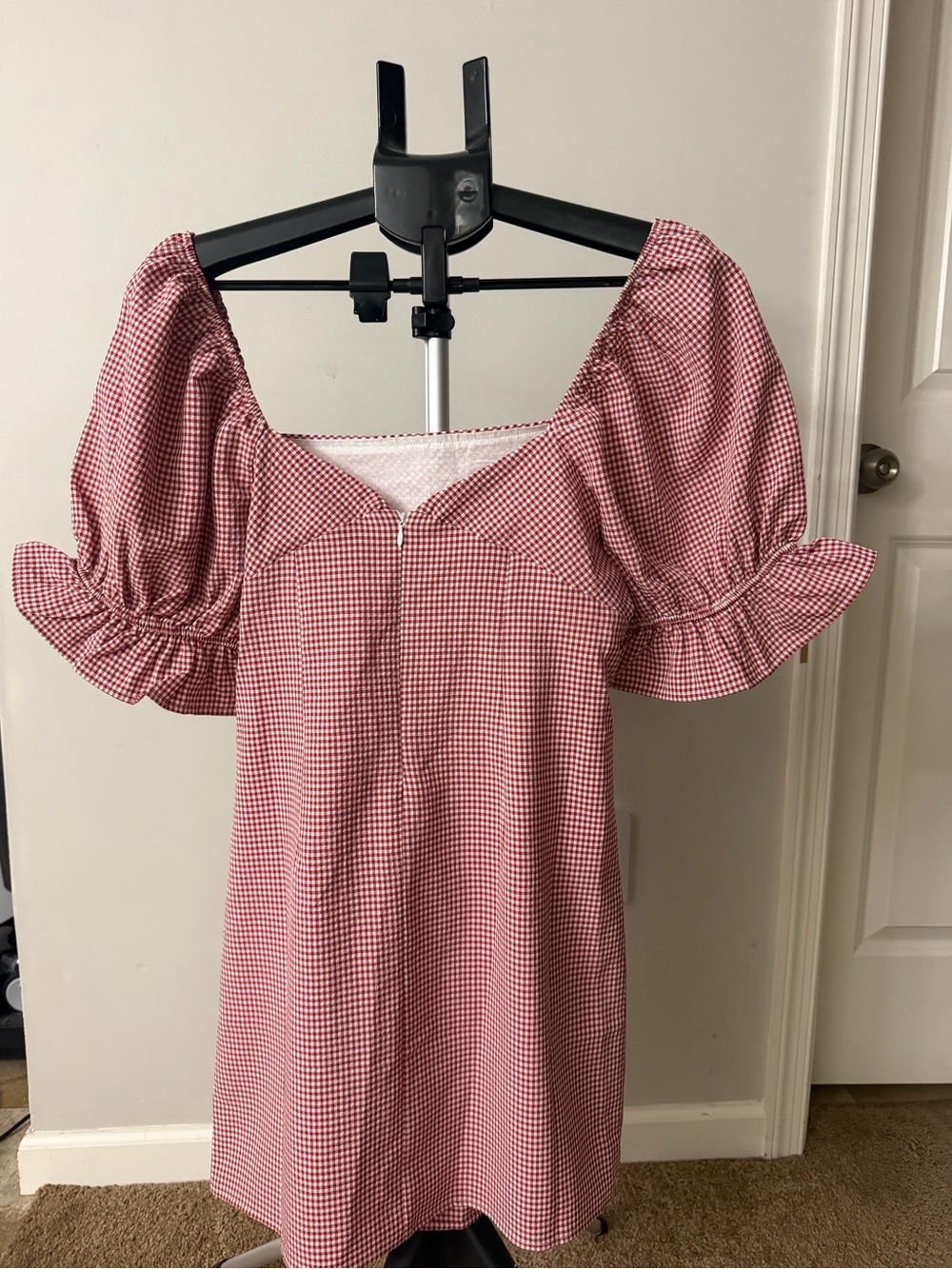 Francesca's Collections Red Gingham Puff-Sleeve Mini Dress